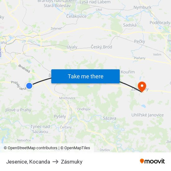 Jesenice, Kocanda to Zásmuky map