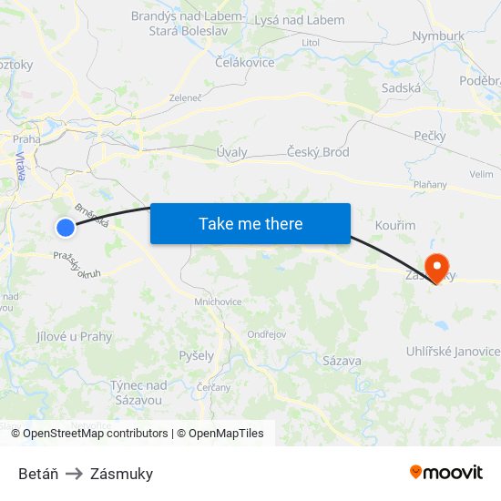 Betáň (B) to Zásmuky map