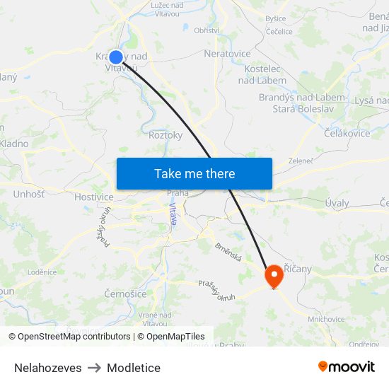 Nelahozeves to Modletice map