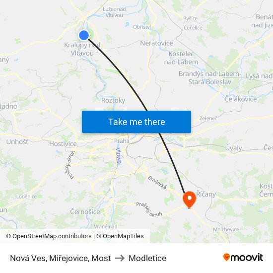 Nová Ves, Miřejovice, Most to Modletice map