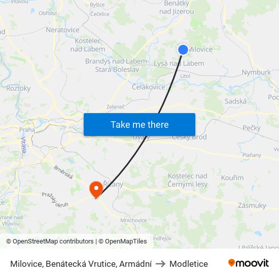 Milovice, Benátecká Vrutice, Armádní to Modletice map