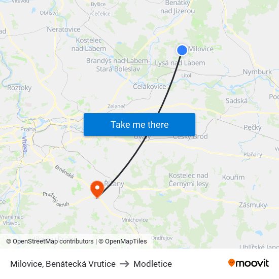 Milovice, Benátecká Vrutice (B) to Modletice map