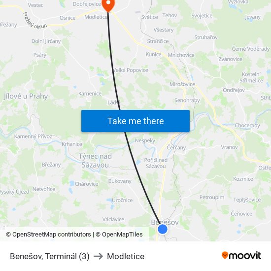 Benešov, Terminál (3) to Modletice map