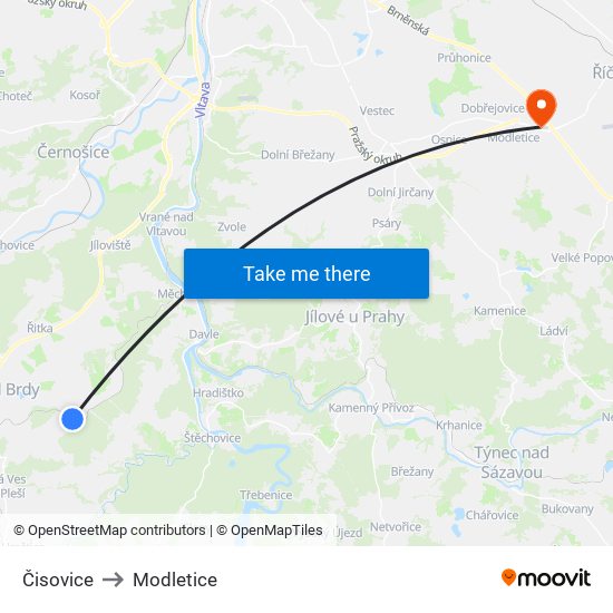 Čisovice to Modletice map