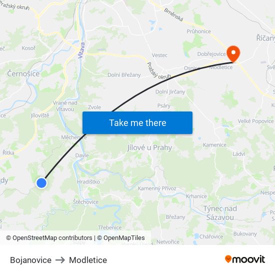 Bojanovice to Modletice map