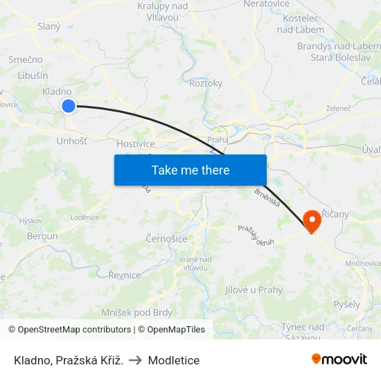 Kladno, Pražská Křiž. to Modletice map