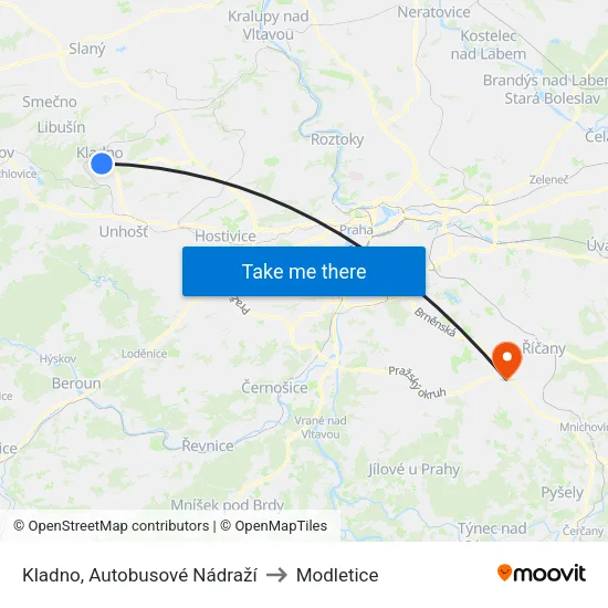 Kladno, Autobusové Nádraží to Modletice map