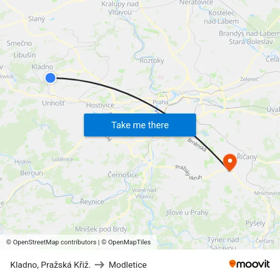 Kladno, Pražská Křiž. to Modletice map