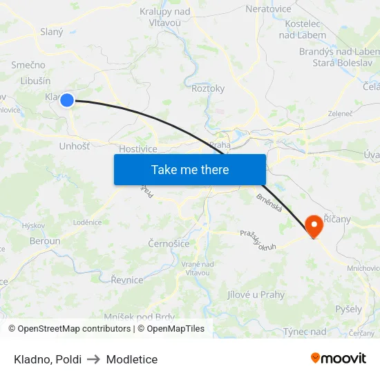 Kladno, Poldi to Modletice map