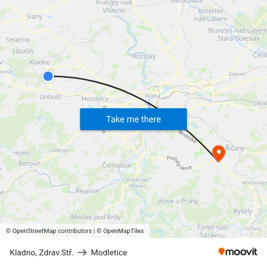Kladno, Zdrav.Stř. to Modletice map