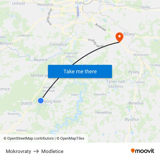 Mokrovraty to Modletice map