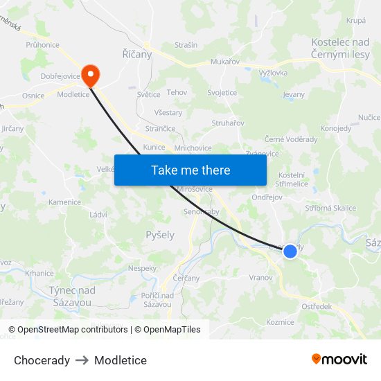 Chocerady to Modletice map