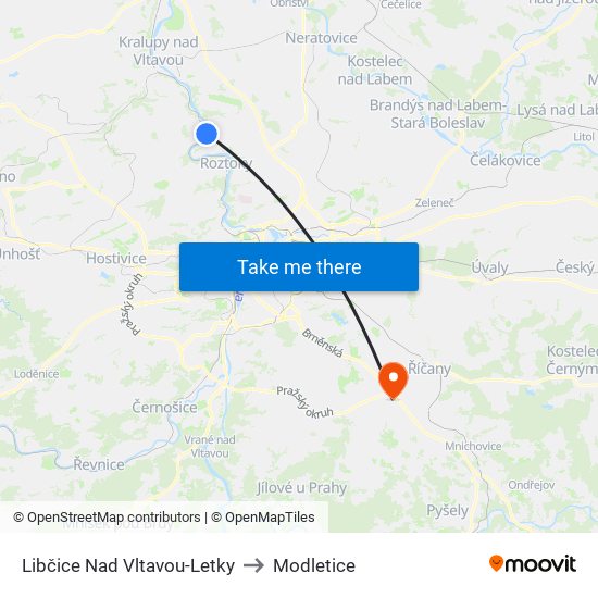 Libčice Nad Vltavou-Letky to Modletice map