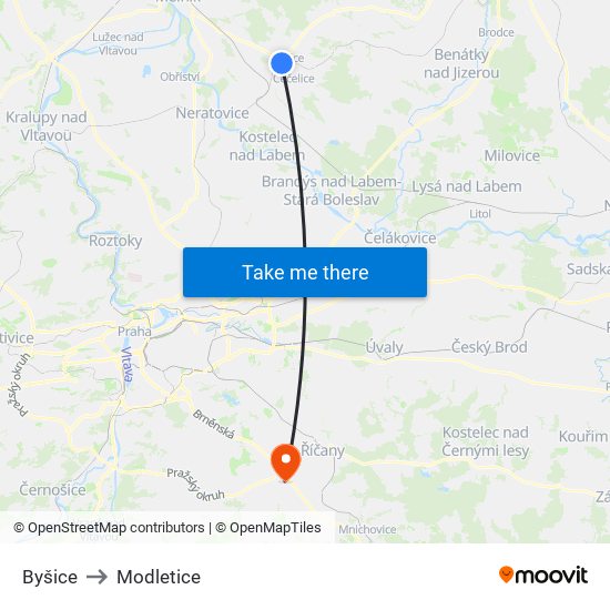 Byšice to Modletice map