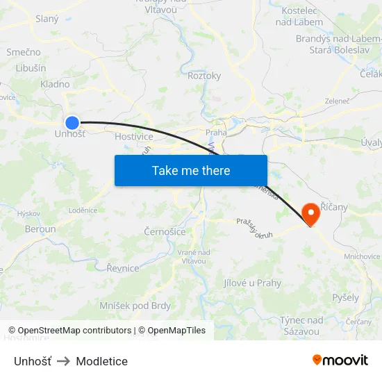 Unhošť to Modletice map