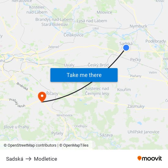 Sadská to Modletice map