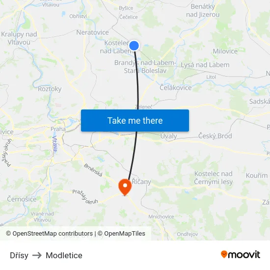Dřísy to Modletice map