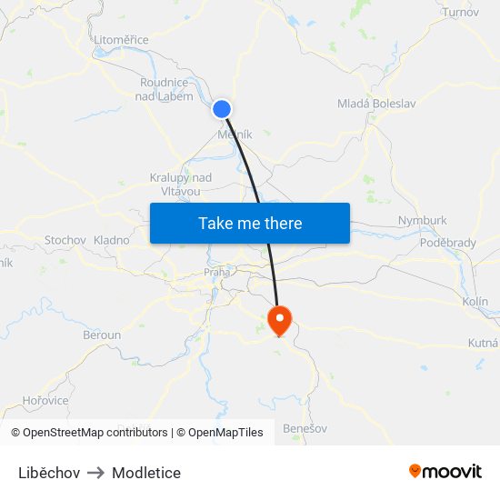 Liběchov to Modletice map