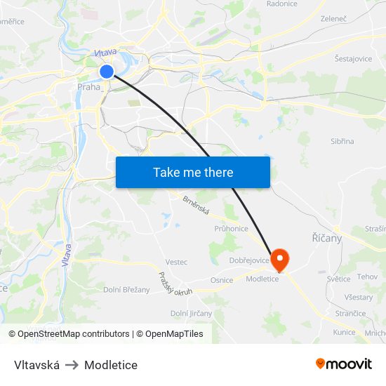 Vltavská to Modletice map