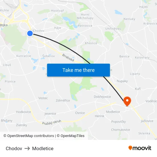 Chodov to Modletice map