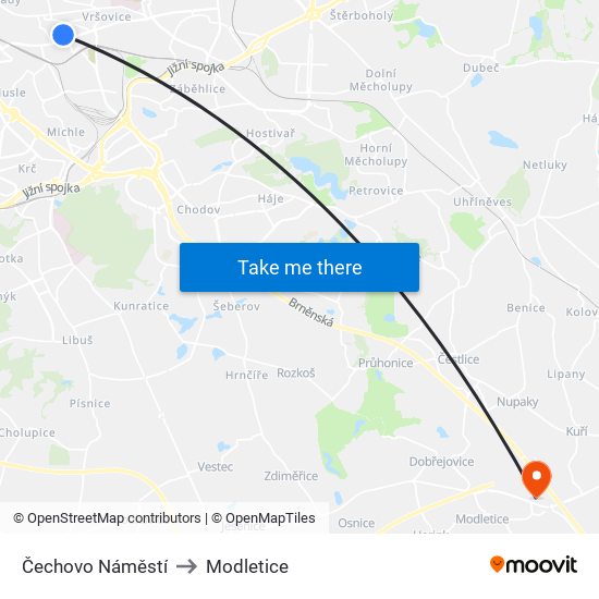Čechovo Náměstí to Modletice map