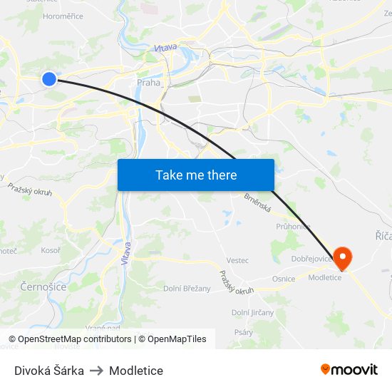 Divoká Šárka to Modletice map