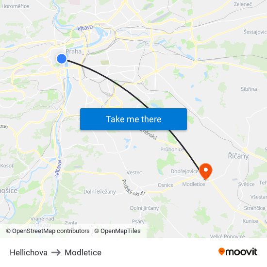 Hellichova to Modletice map