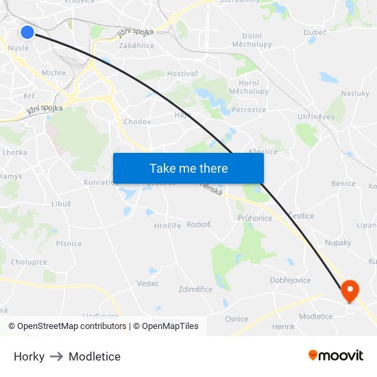 Horky (A) to Modletice map