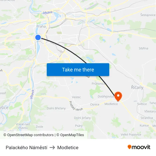 Palackého Náměstí to Modletice map