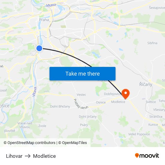 Lihovar to Modletice map