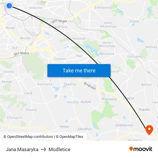 Jana Masaryka to Modletice map
