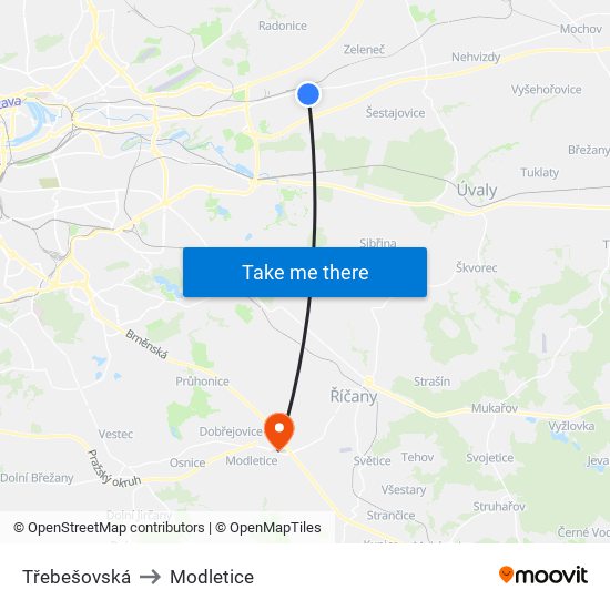 Třebešovská to Modletice map