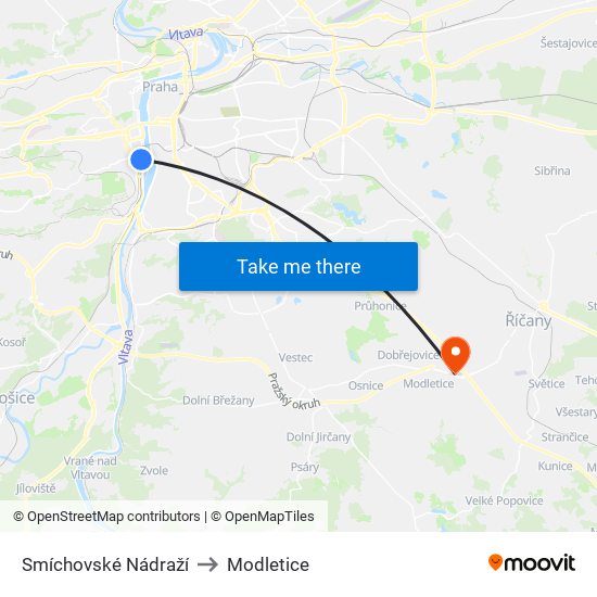 Smíchovské Nádraží (B) to Modletice map