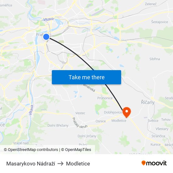 Masarykovo Nádraží to Modletice map