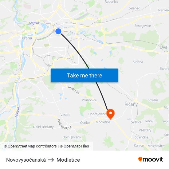 Novovysočanská to Modletice map