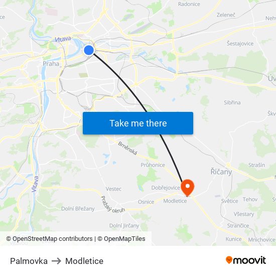 Palmovka to Modletice map