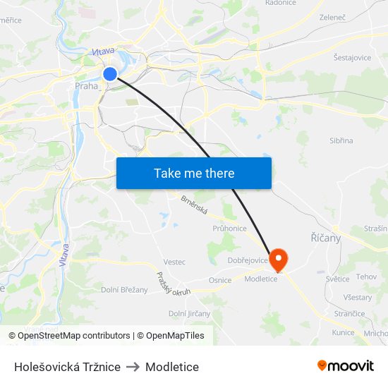 Holešovická Tržnice to Modletice map