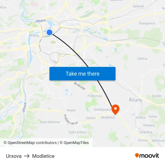 Urxova to Modletice map
