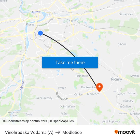 Vinohradská Vodárna (A) to Modletice map