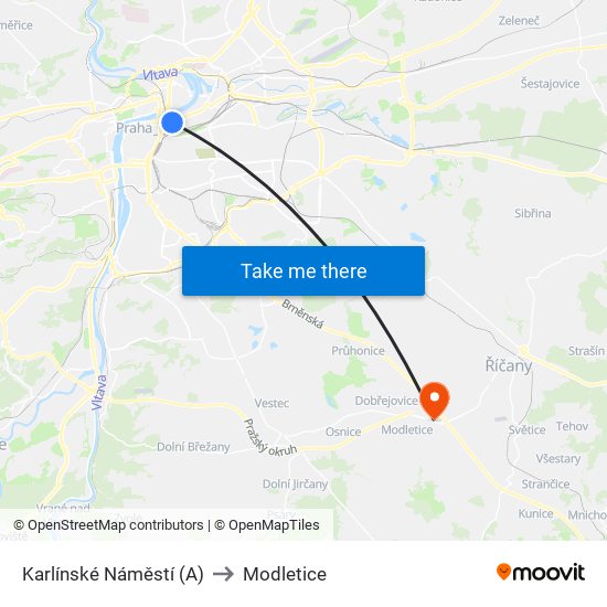 Karlínské Náměstí (A) to Modletice map