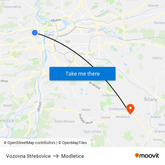 Vozovna Střešovice to Modletice map