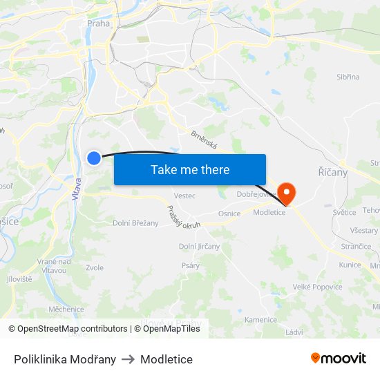 Poliklinika Modřany to Modletice map