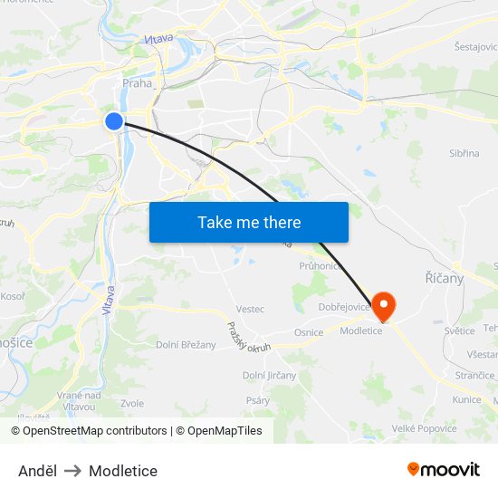 Anděl (A) to Modletice map