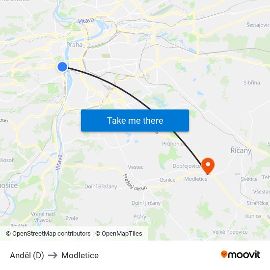 Anděl (D) to Modletice map