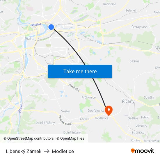 Libeňský Zámek to Modletice map