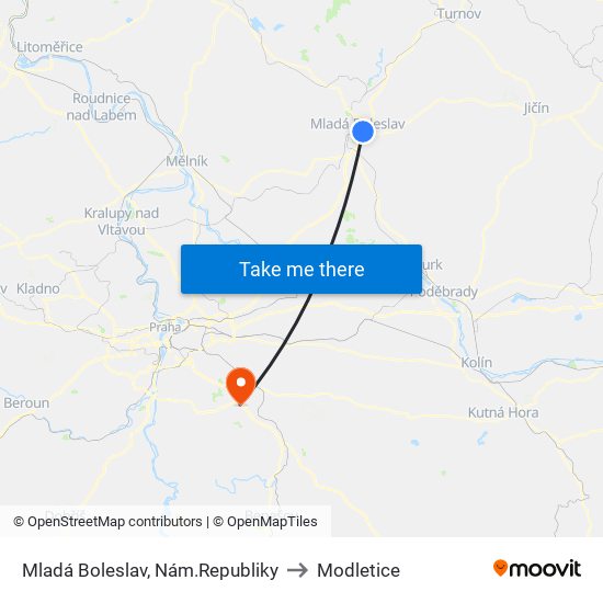 Mladá Boleslav, Nám.Republiky (B) to Modletice map