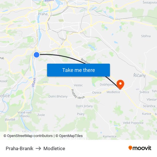 Praha-Braník to Modletice map