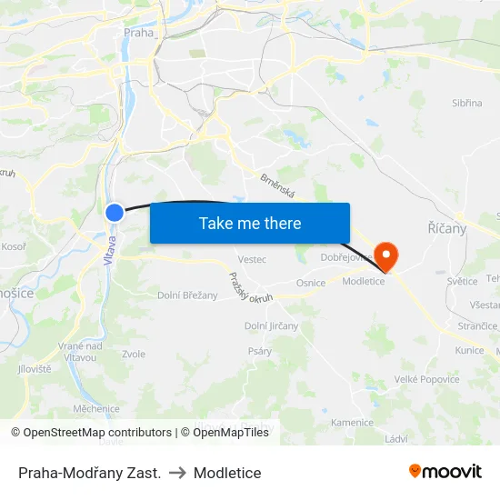 Praha-Modřany Zast. to Modletice map