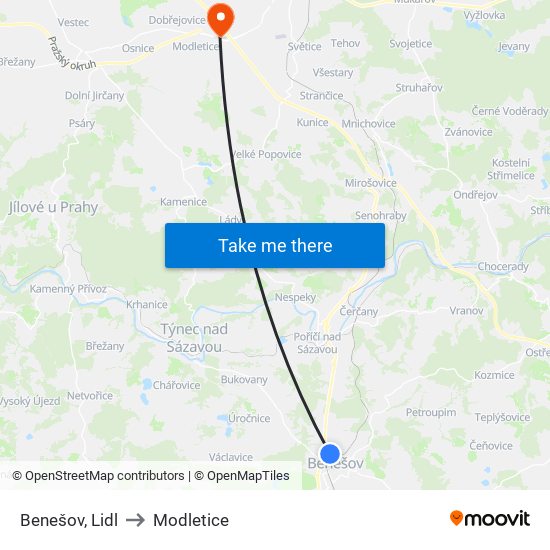 Benešov, Lidl to Modletice map