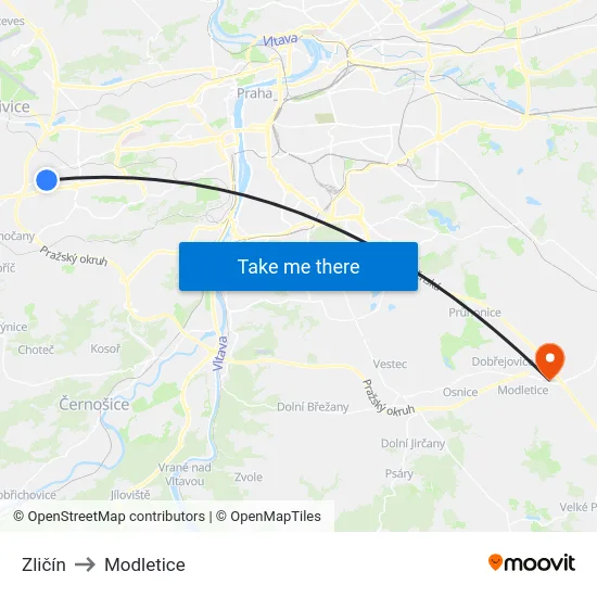 Zličín to Modletice map